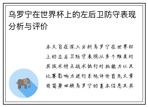 乌罗宁在世界杯上的左后卫防守表现分析与评价